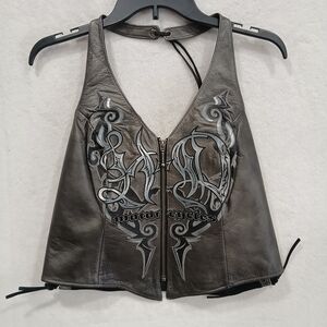 Harley Davidson Womens M Halter Crop Top Vest Genuine Leather Zipper Tie Ba